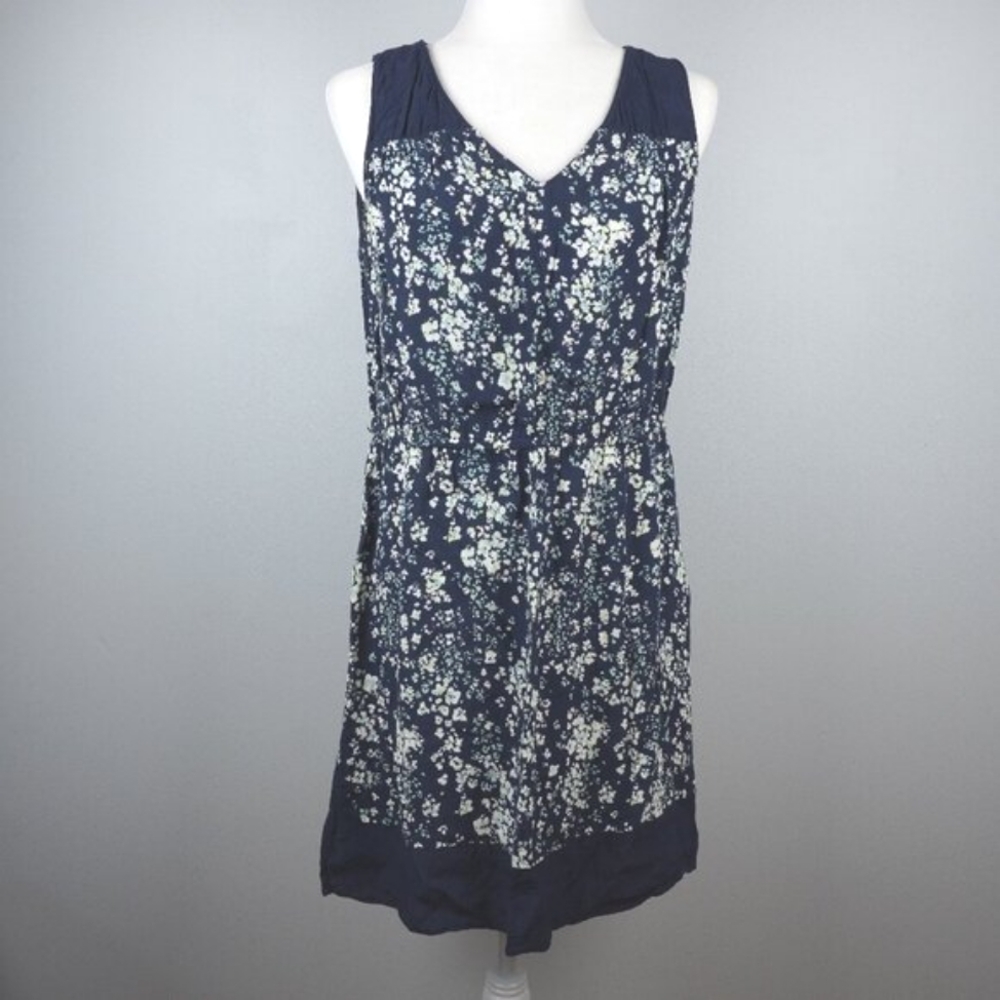 LOFT Navy Blue Floral V-Neck Flowy Midi Dress Size Large